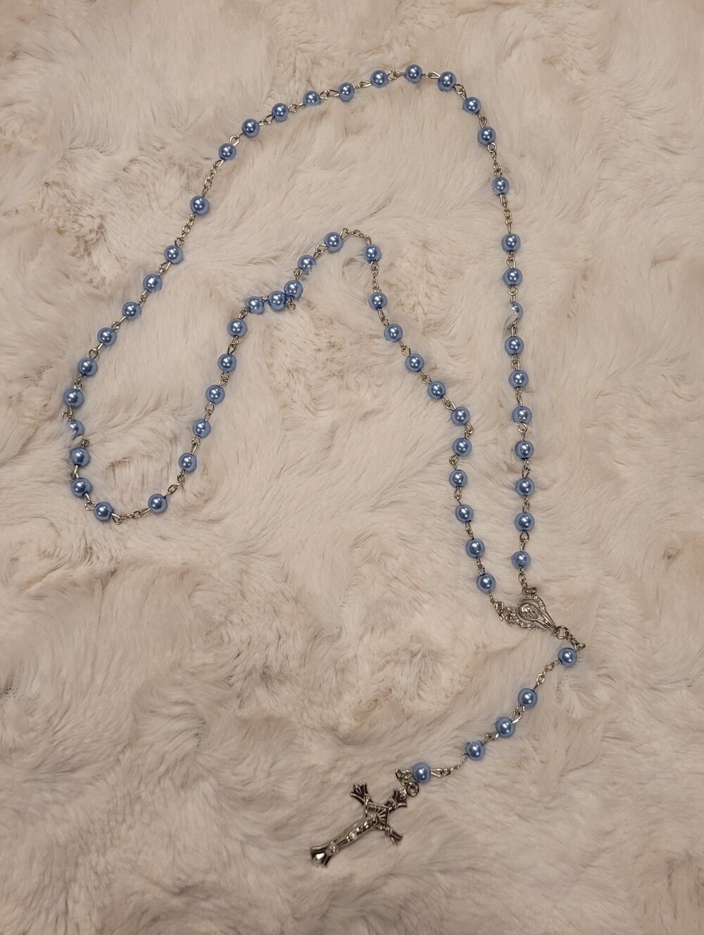 Classic Light Blue Pearl Bead Rosary Necklace with Silver Crucifix 19.5" Long